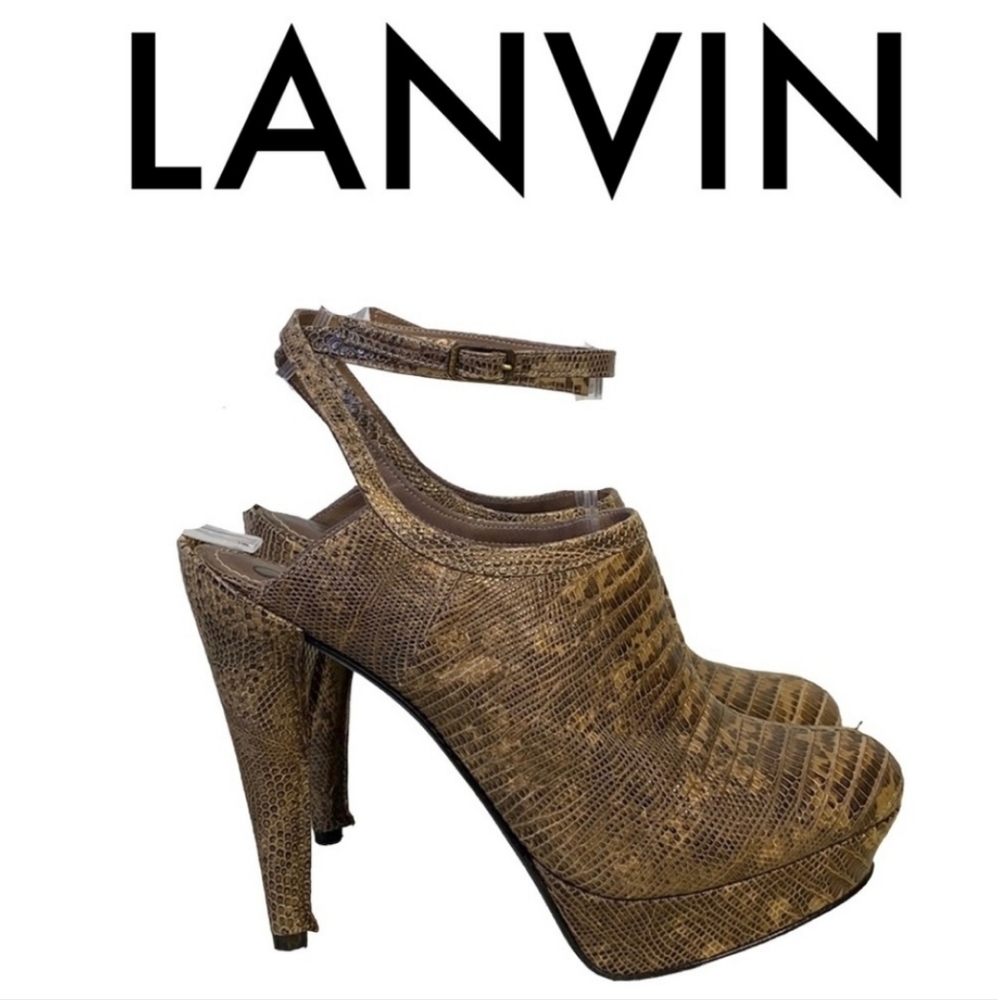 LANVIN EMBOSSED LEATHER TAUPE GRAY TAN CLOG HEELS SIZE 36